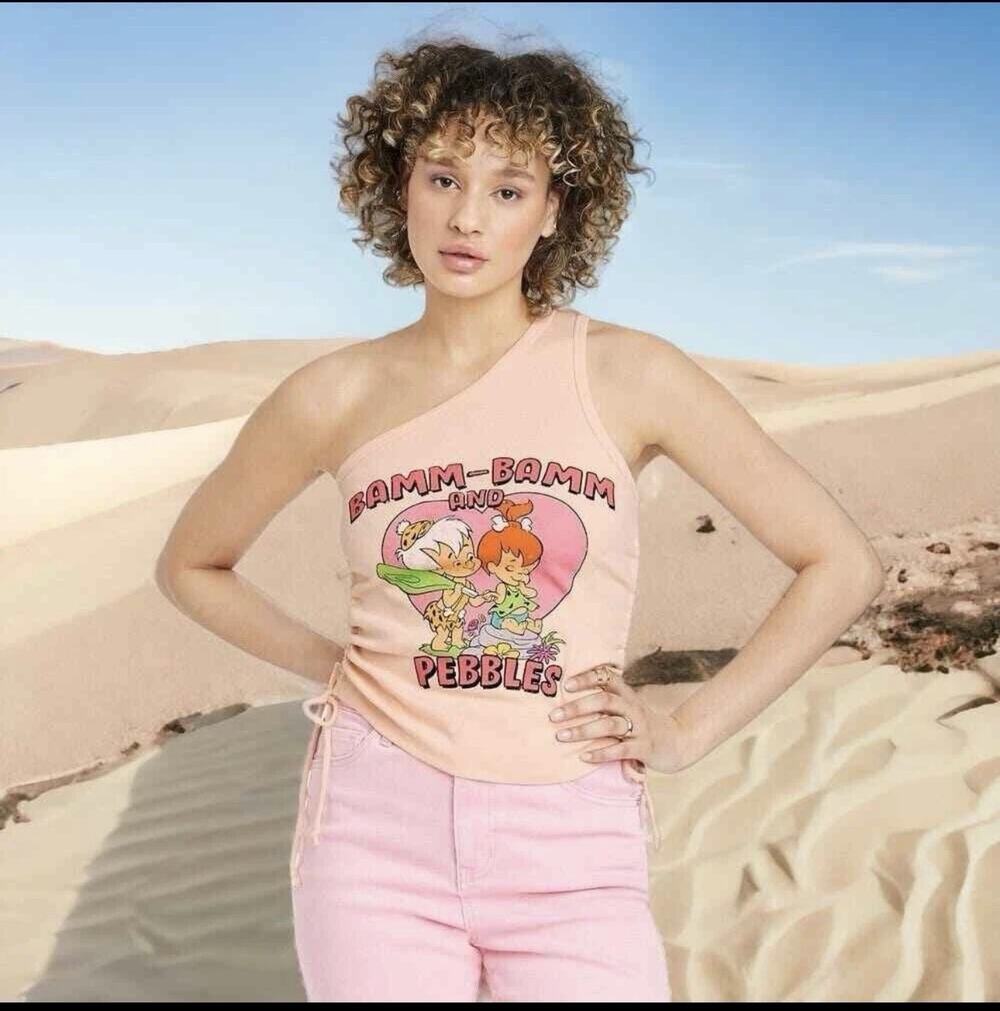 The Flintstones, Pink, Size XL, One-Shoulder BAMM BAMM & PEBBLES Tank Top Shirt